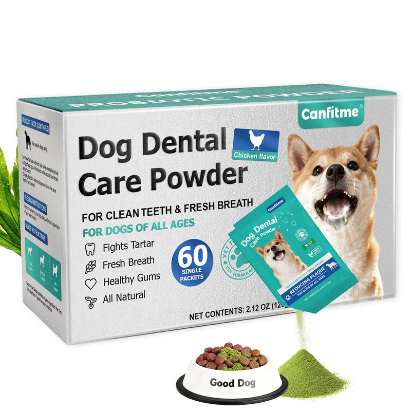 Dog Dental Powder for Teeth Cleaning with Probiotic & Tartar Remover, Fresh Breath Support, No Brushing Oral Care, Chicken Flavor, 60ct
