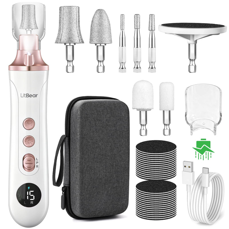 Litbear Electric Nail Drill File Set, 15 Speed Professional Nail Grinder for Thick Toenails, Cordless Pedicure Manicure Tool Callus Remover for Women Men Senior Hand Feet Care, Home Salon Use (White) White