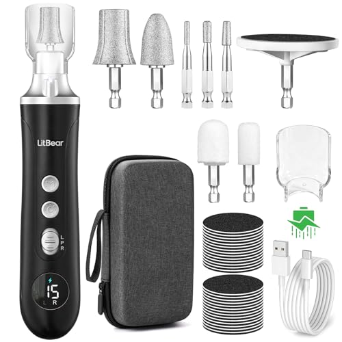Litbear Electric Nail Drill File for Hand Feet Care, 15 Speed Professional Nail Grinder for Thick Toenails, Cordless Pedicure Manicure Set for Women Men Senior, Home Salon Use (Black) Black