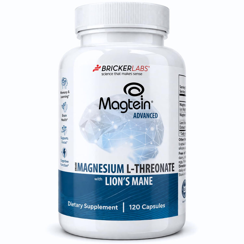 Bricker Labs Magtein & Lion's Mane Magnesium L-Threonate Supplement | Brain Health, Memory & Focus, Cognitive Support, 120 Capsules, Advanced Formula Magtein with Lion's Mane