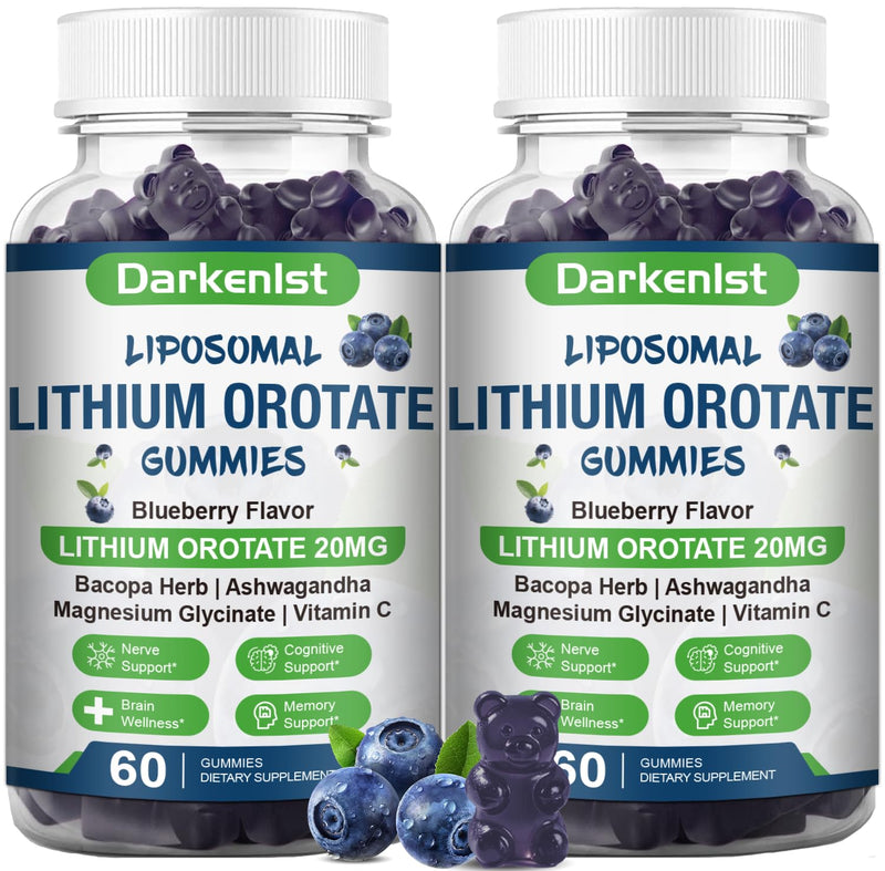 2 Pack Liposomal 20MG Lithium Orotate Gummies Complex Ashwagandha,Bacopa Herb,Lion's Mane Mushroom, Magnesium Glycinate,Vitamin C,for Mood & Immune Support,Digestive System Support