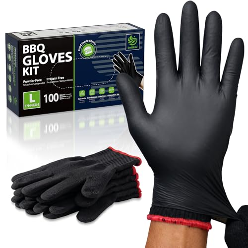 SWIFTLITE BBQ Gloves Kit, 6 Cotton Liners + 100 Disposable Nitrile Gloves Black Large
