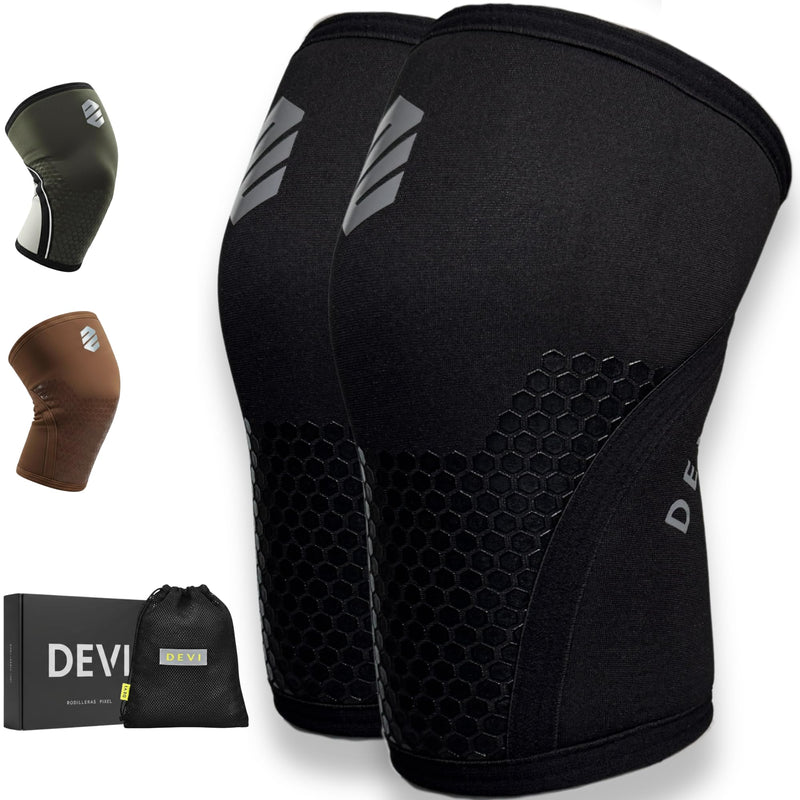 Knee Sleeves 7mm for Weightlifting, Squats, Fitness, Powerlifting, with Advanced 2025 Anti-Slip Design, Premium Neoprene, Constant Compression Brace, Gym Training Support - 1 PAIR - Men Women – DEVI Black Large