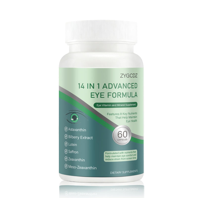 14-in-1 Advanced Eye Vitamin Supplement with Lutein, Zeaxanthin, Bilberry Extract & Zinc for Adults - Supports Vision, Macula & Blue Light Protection - 60 Capsules (01) 1