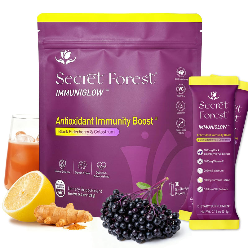 Secret Forest ImmuniGlow, 1000mg Vitamin C, 1000mg Black Elderberry, Probiotics, Colostrum, Turmeric & Zinc – Antioxidant & Recovery Formula, Daily Immunity & Gut Support Drink Mix (30 Packets) 30 Count (Pack of 1)