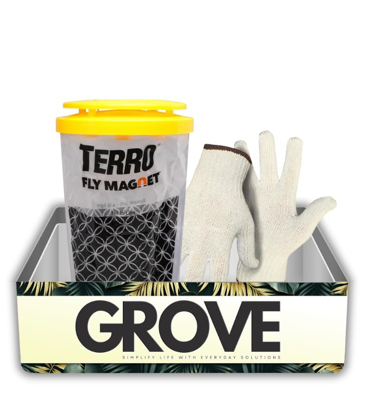 TERRO Fly Magnet Disposable Fly Trap 1 pk Bundle with Work Gloves – Outdoor Trap attracts and captures Common Flies; Simple Setup with no-Mess Disposal After use – Gift Set (2 Items)