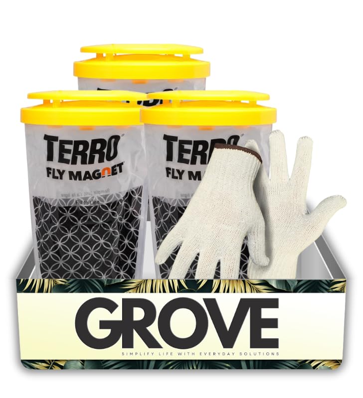 3X TERRO Fly Magnet Disposable Fly Trap 1 pk Bundle with Work Gloves – Outdoor Trap attracts and captures Common Flies; Simple Setup with no-Mess Disposal After use – Gift Set (4 Items)