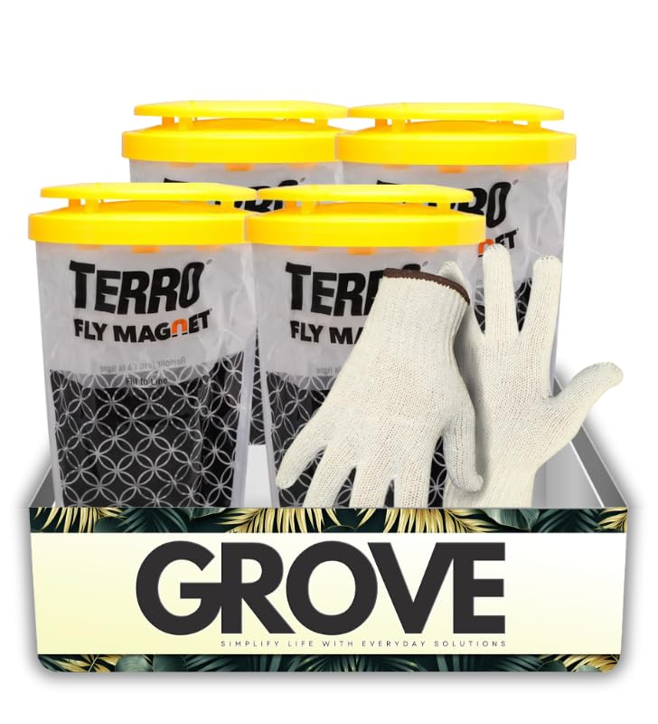 4X TERRO Fly Magnet Disposable Fly Trap 1 pk Bundle with Work Gloves – Outdoor Trap attracts and captures Common Flies; Simple Setup with no-Mess Disposal After use – Gift Set (5 Items)