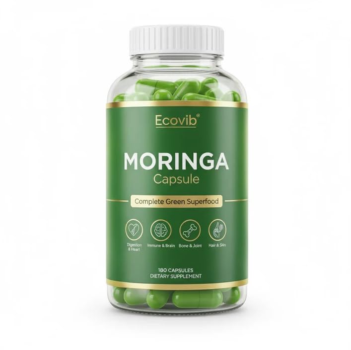 Moringa Capsules, 180 Vegan Capsules, 600 mg | ECOVIB Moringa Capsules Organic Superfood, Energy Support, Immunity Support, Detox Support