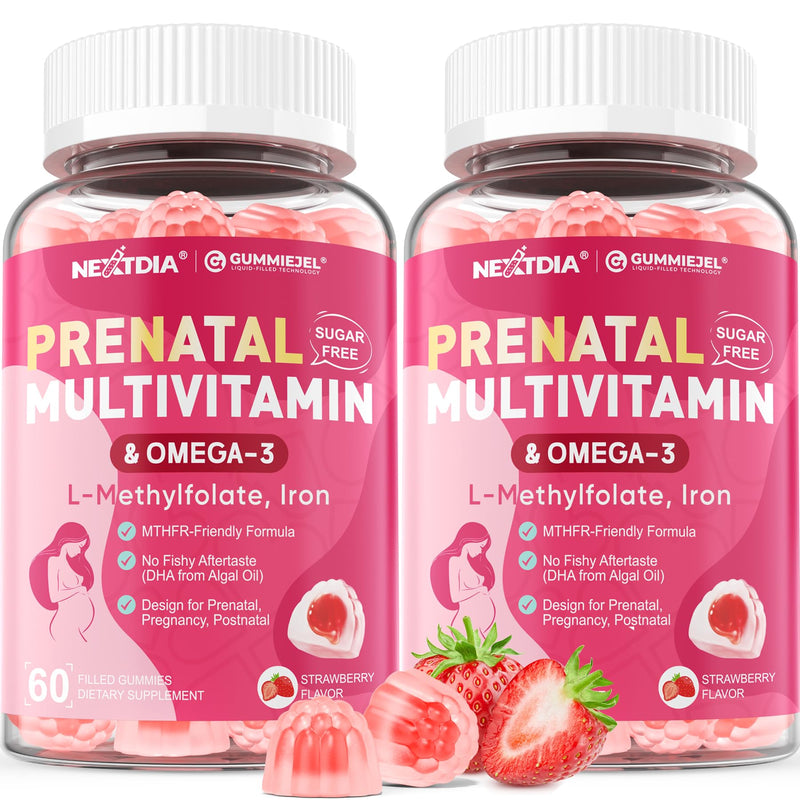 Prenatal Vitamins for Women Gummies w/ Methylfolate 1mg, Omega 3 DHA 800mg | Iron, Choline, Iodine, Vitamin D3 B6 B12 - Multivitamin for Women Before, During & After Pregnancy, Sugar Free, Vegan, 120Cts 60 Count (Pack of 2)