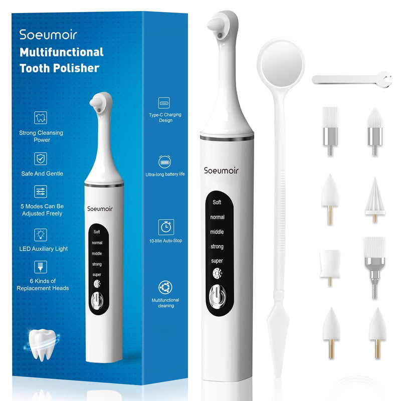 Tooth Polisher,Rechargeable Tooth Whitening Kit for Teeth Cleaning and Whitening, with 8 Brush Heads, LED Light, 5 Speed Modes Dental Polisher Personal Dental Care Kit for Home Use and Travel White