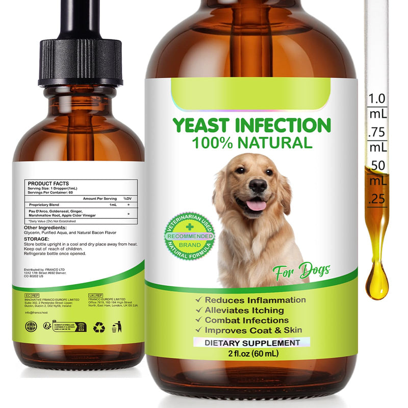 Yeast Infection Treatment for Dogs - Dietary Supplement with Herbal Blend to Soothe Itching & Promote Skin Health - Bacon Flavor Liquid Supplement for All Breeds, 2 fl oz