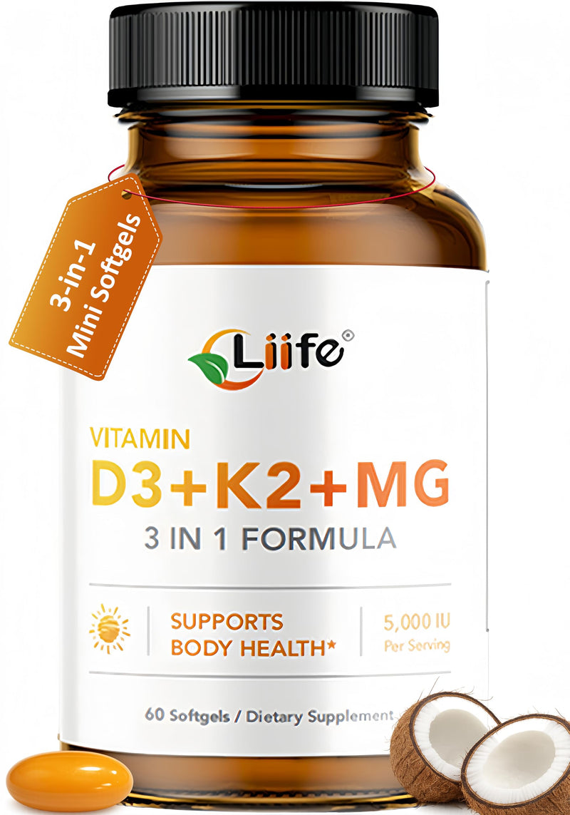 LIIFE D3 K2 with Magnesium Bisglycinate & B6, 5000 IU D3, MK7&MK4 K2 | Complex blend D3 K2, Magnesium Bisglycinate & B6 with coconut oil. High absorption, Non-GMO & Gluten-Free formula
