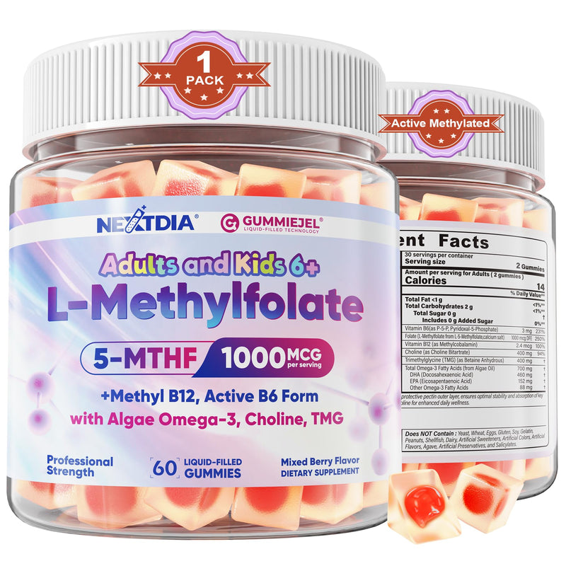 L-Methylfolate 1000mcg Methyl B12 Gummies + Omega-3 for Kids & Adults, 60Ct | Methylated Active 5-MTHF + Methyl B12, Choline TMG B6, DHA:EPA=3:1, Supports MTHFR Gene, Brain Energy Methylation, Sugar Free 60 Count (Pack of 1)