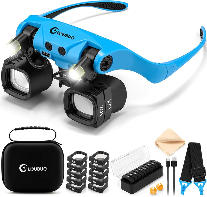Rechargeable Magnifying Glass with Light 2X-23X,5 Pairs Lens Combos Blue