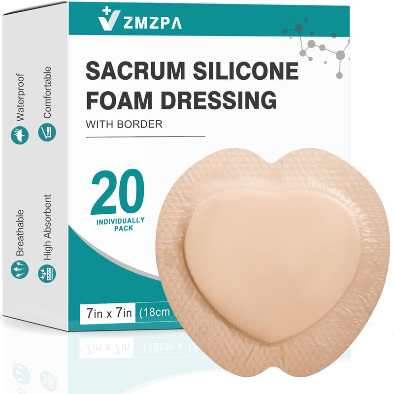 Sacral Foam Dressing, Sacrum Silicone Foam Dressing with Border, 7x7 Large Bandage for Bed Sores On Buttocks, Super Absorbent Pressure Sore Prevention Pads, Waterproof & Breathable Wound Dressing (20)