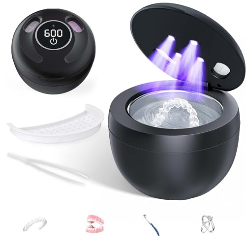 Ultrasonic Retainer Cleaner(2026 Upgraded), 45kHz Cleaning Machine for Dentures, Mouth Guards, Braces, Toothbrush & Jewelry, 200ML Denture Cleaner with 4 Modes for Dental Care Dark Black