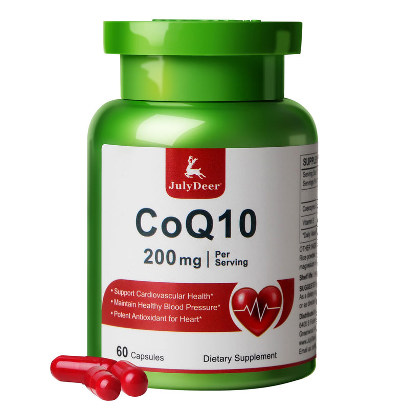 JulyDeer CoQ10 200mg with Vitamin E 20mg Coenzyme Q10 Supplement 60 Caps | 3-Party Tested, Non-GMO, Gluten-free, High Absorption Antioxidant Support Heart, Energy, Overall Health for Women and Men 60 Count(Pack of 1)