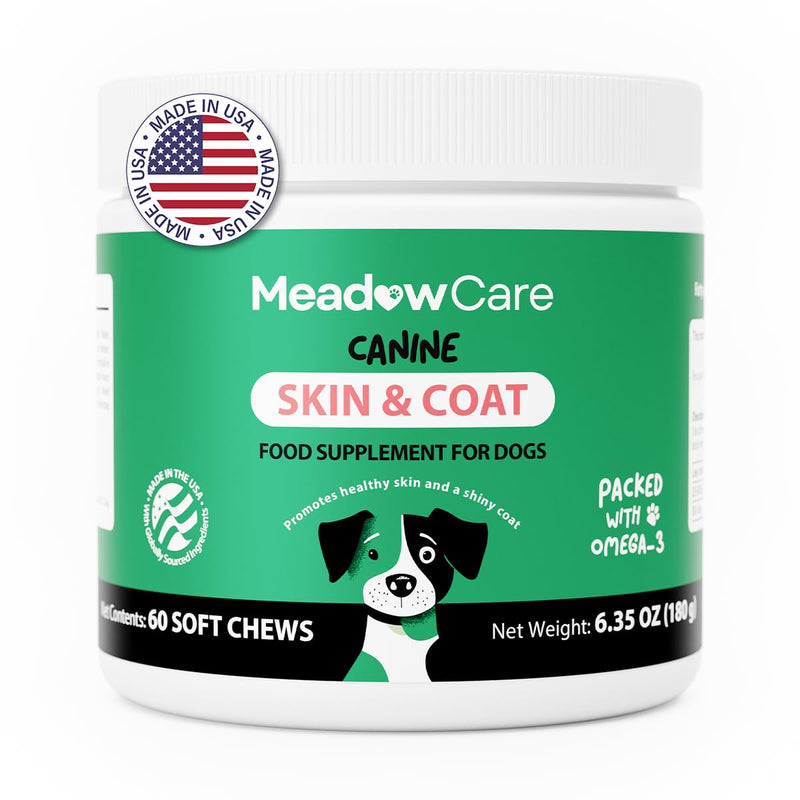 Skin and Coat Supplement for Dogs | Omega 3 Fatty Acid Formula to Support Canine Healthy Skin, Reduce Shedding, and Improve a Glossy, Shiny Coat | 60 Tasty Soft Chews 180g (6.35 oz) | by MeadowCare