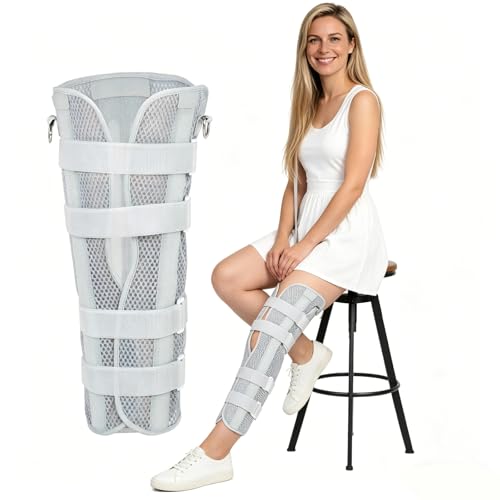 3-Panel Knee Immobilizer Brace for Men Women, Adjustable Leg Stabilizer with 4 Rigid Aluminum Splints & Anti-Slip Shoulder Strap, for Post-Surgery Recovery, Ligament Tears, Fractures