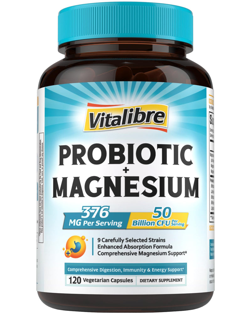 Vitalibre Probiotic with Magnesium Complex for Women Men, 50 Billion CFU, 9 Strains, Magnesium Glycinate Citrate Malate for Digestion, Immunity, Bone, Energy & Recovery, 120 Vegan Capsules, Non-GMO Unflavored 120 Count (Pack of 1)