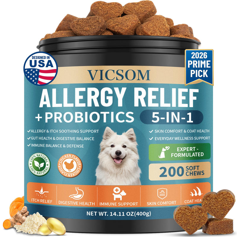 Dog Allergy Chews with Probiotics for Dogs, 200 Dog Allergy Relief Treats for Dogs Immune Support & Itching Skin Relief, Ears, Eyes, Paws Support, Dog Probiotics for Gut Health, Chicken Flavor