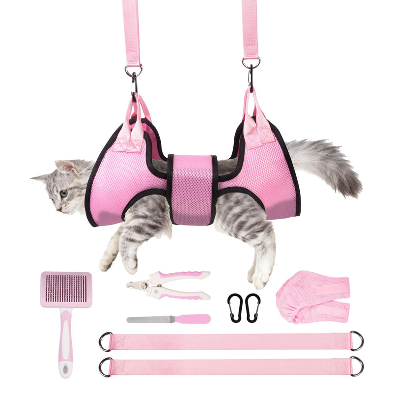 Dog Grooming Hammock, Cat/Small Dog Hammock for Nail Trim, Hanging Harness for Claw Care,Grooming Sling Holder Hanger with Thick Fabric Neck Support Wide Strap Restraint(Pink,xs) Pink - BeesActive Australia