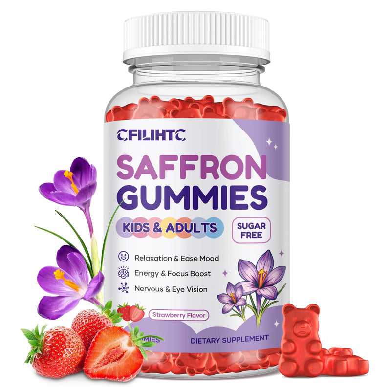 Saffron Gummies for Kids & Adults, 20-in-1 Saffron Supplements with 88.5mg Saffron Extract, B6, B12, C, D3, Magnesium for Calm, Focus, Nerve, Sugar Free, Vegan, Non-GMO - Strawberry Flavor, 60 Counts 60 Count (Pack of 1)