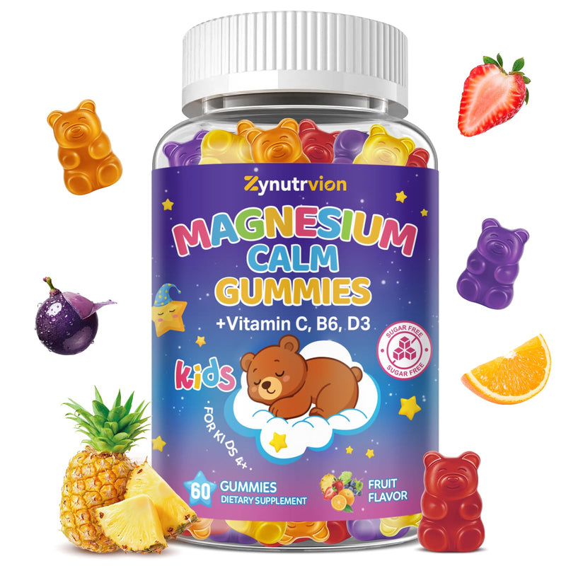 Magnesium Glycinate Gummies for Kids & Adults - Sugar Free Fruit Flavor, 60ct, Magnesium Supplement with L-Theanine, Vitamin B6, D3, Supports Sleep, Stress Relief, Muscle, Calm & Relaxation Health