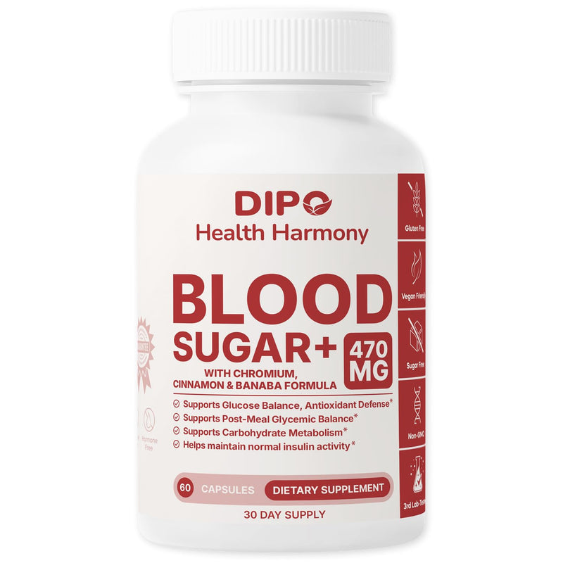 DIPO Blood Sugar Plus - Multi-Vitamin with Biotin, Chromium, Cinnamon, Banaba Extract & Alpha Lipoic Acid - Glucose & Carbohydrate Metabolism Support - 60 Vegan Capsules, Non-GMO