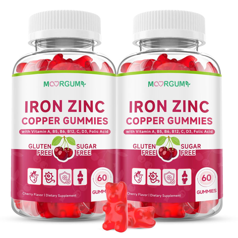 Iron, Zinc, Copper Supplements for Women & Men, Mineral Gummies with Vitamin A, B5, B6, C, D3, B12 for Adults, Kids, Promote Energy, Support Immunity, Bone Health, Sugar Free, Cherry Flavor, 120 Count 60 Count (Pack of 2)
