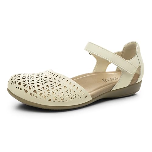 Rihero Women's Comfortable Closed Toe Flat Sandals 8.5 Cream Hollow