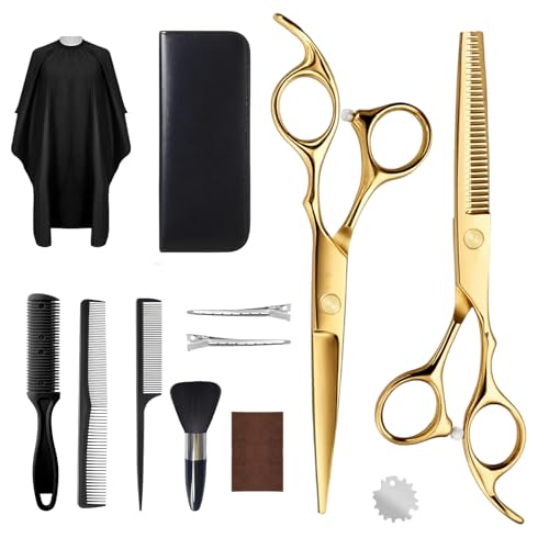 12 Pcs Professional Hair Cutting Scissors Set, Stainless Steel Haircut Shears with Thinning Scissors, Combs, Cape & Storage Case, Sharp & Durable for Men Women Kids, Home Salon Barber Use