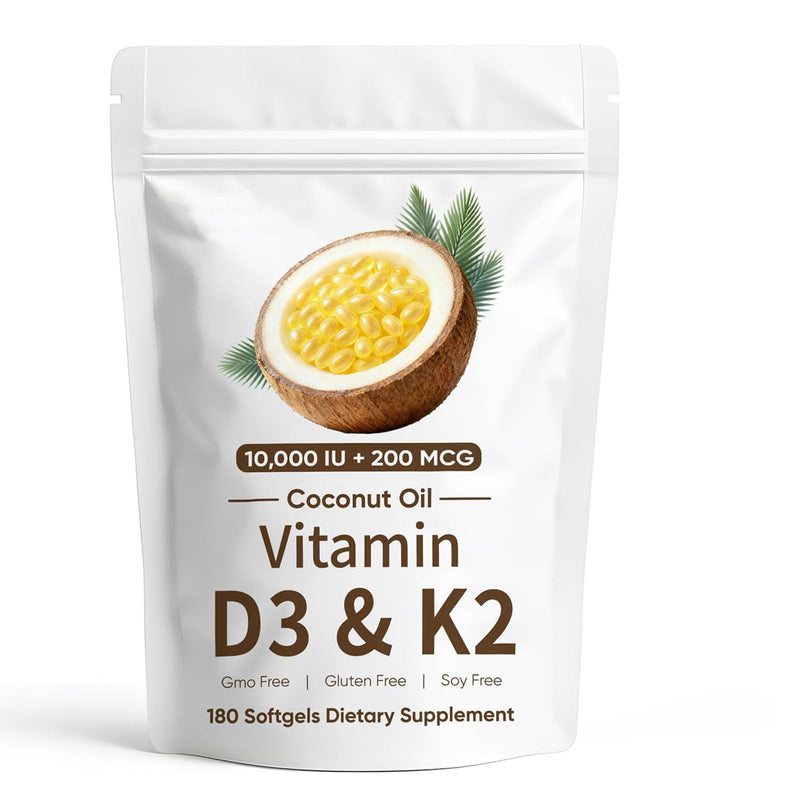 Naturals D3 K2, Vitamin D3 10000 IU + K2 200 MCG, Vitamin D3 & K2 Coconut Oil Softgels Capsules for Bone, Immune Health, Boosts Energy & Calcium Absorption, 180 Gels (1) 1