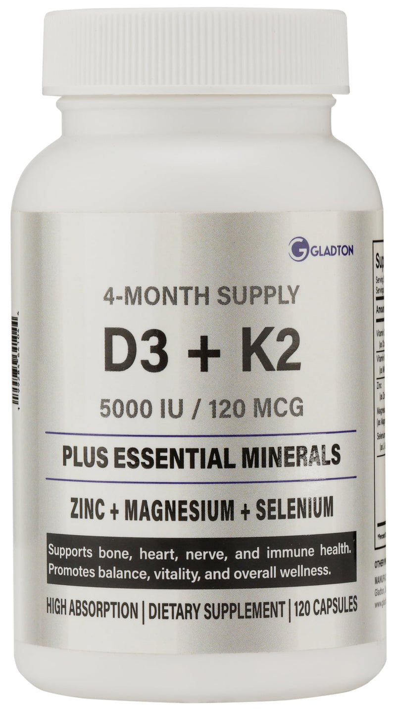 Vitamin D3 + K2 Complex with Zinc, Magnesium & Selenium | Immune, Heart, Bone, Energy & Stress Support | Relaxation & Sleep Aid | 5000 IU D3 + MK-7