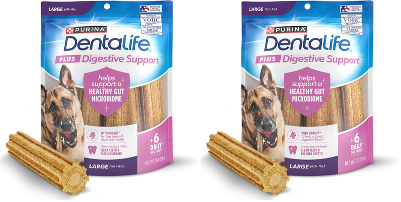 Dentalife Plus Digestive Support Dog Treats for Large Dogs 40 lbs. and up, Cleans Teeth, Freshens Breath, & Supports Healthy Gut, Chicken & Pumpkin Flavor, 7 oz., 6 Chews - 6 ct. Pouch (Pack of 2) 7 Ounce (Pack of 2)