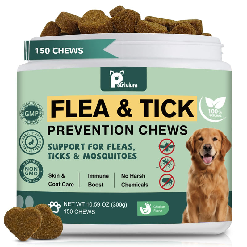 Dogs Flea and Tick Prevention Treatment Chewable, Natural Soft Chew for Fleas Ticks Treatment Support Supplement - Oral Flea Pills- Flea and Tick Chews - All Breeds & Sizes - 150 Soft Treats (Chicken)