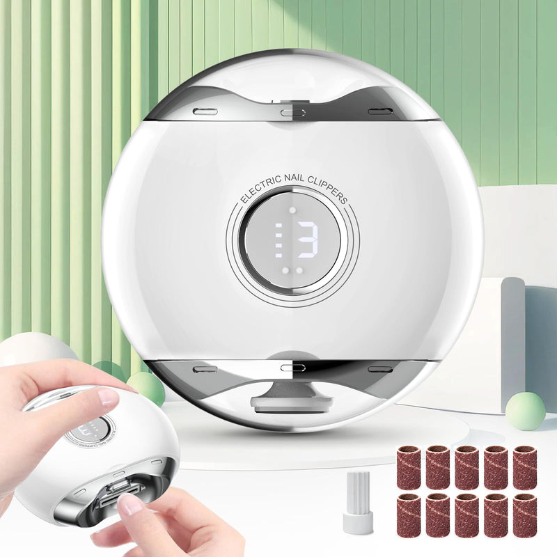 Electric Nail Clipper with LED Light & 3 Speeds, Fingernail Cutter and Polisher and Exfoliating 3 in 1 Nail Scraps Storage Rechargeable Safety Fingernail Trimmer for Baby Seniors and Adult White With Clear