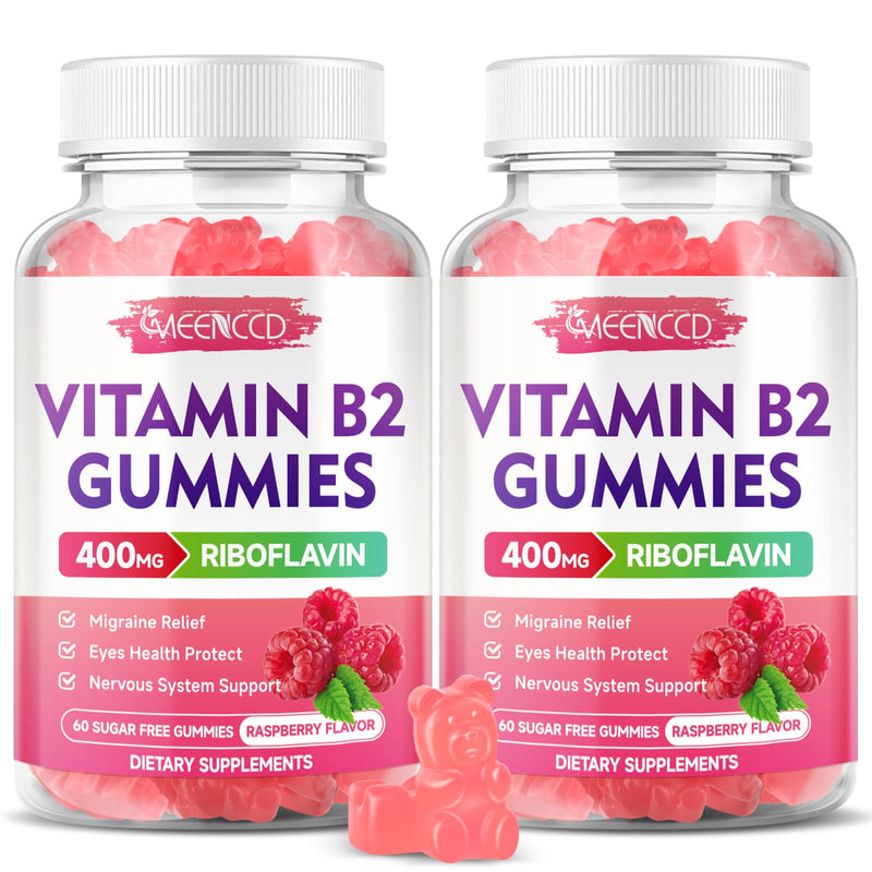MEENCCD 2 Pack Vitamin B2 Gummies Riboflavin 400mg Supplement with Magnesium for Kids & Adults, B2 Gummies for Migraine Relief Support, Vegan, Sugar-Free, Raspberry Flavor, 120 Count 60 Count (Pack of 2)