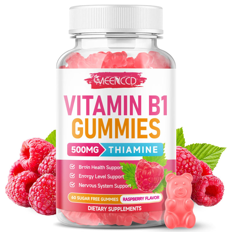MEENCCD Vitamin B1 Gummies 500mg, Thiamine B1 Supplement Supports Energy Production, B1 Vitamin for Adults & Kids, Sugar-Free, Vegan, Raspberry Flavor, 60 Count 60 Count (Pack of 1)