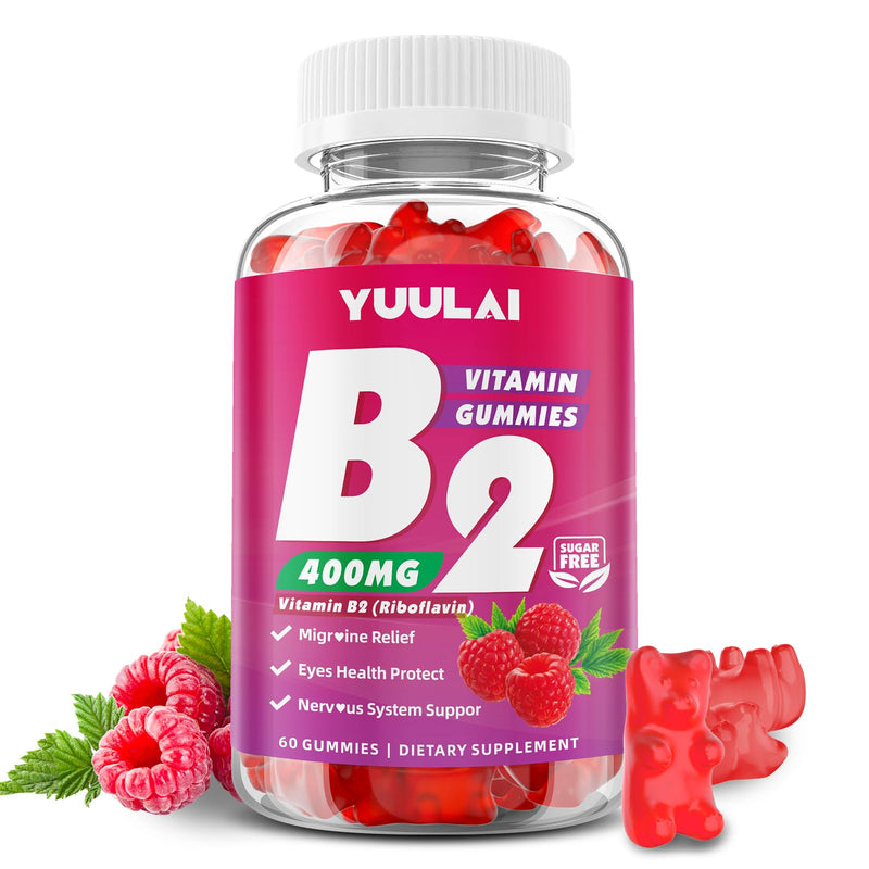 Vitamin B2 Gummies 400mg | Riboflavin Supplement with Magnesium for Kids & Adults, B2 Gummies for Migraine Relief, Nervous System & Skin Health, Vegan, Sugar-Free, Raspberry Flavor, 60 Count 60 Count (Pack of 1)