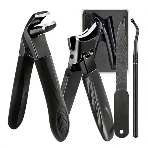 Nail Clippers Set Box, 4 Pcs-Stainless Steel Large Toenail Clippers for Thick Nails, Heavy Duty Slanted Nail Clipper with Nail File, Nail Lifter, Long Handled Fingernail Cutter for Men & Women 4Pcs Nail Clippers Set-black