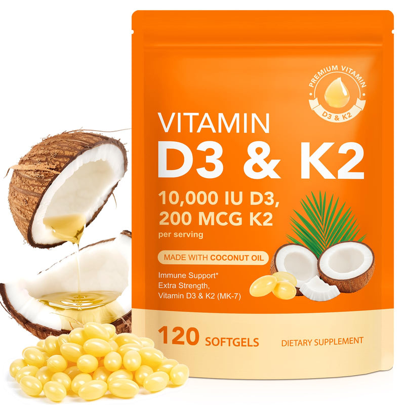 Vitamin D3 K2, D3 K2 Vitamin 10000 iu Supplement with Coconut Oil Softgels, 2 in 1 Formula 200 mcg (MK-7) Complex Softgels Supports Immune, Easy to Swallow & Non-GMO