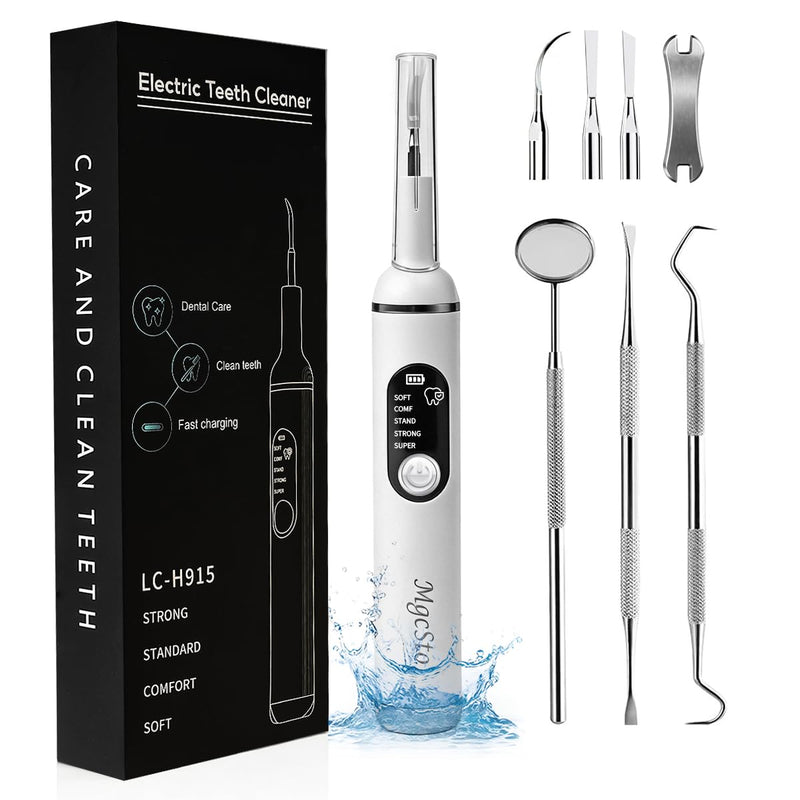 Ultimate Electric Teeth Cleaner - Ultrasonic Tooth Cleaning, Violet Light Protection, 316F Stainless Steel Heads, 5-Speed Modes, IPX6 Waterproof, Oral Care Kit with 7 Accessories‌ (White)