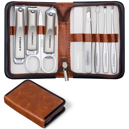 FAMILIFE Nail Care Kit 9-in-1 Professional - Carbon Steel Cuticle Scissors, Fingernail & Toenail Clippers for Nails, Manicure Set Travel Grooming Kit with Case (Brown) Brown