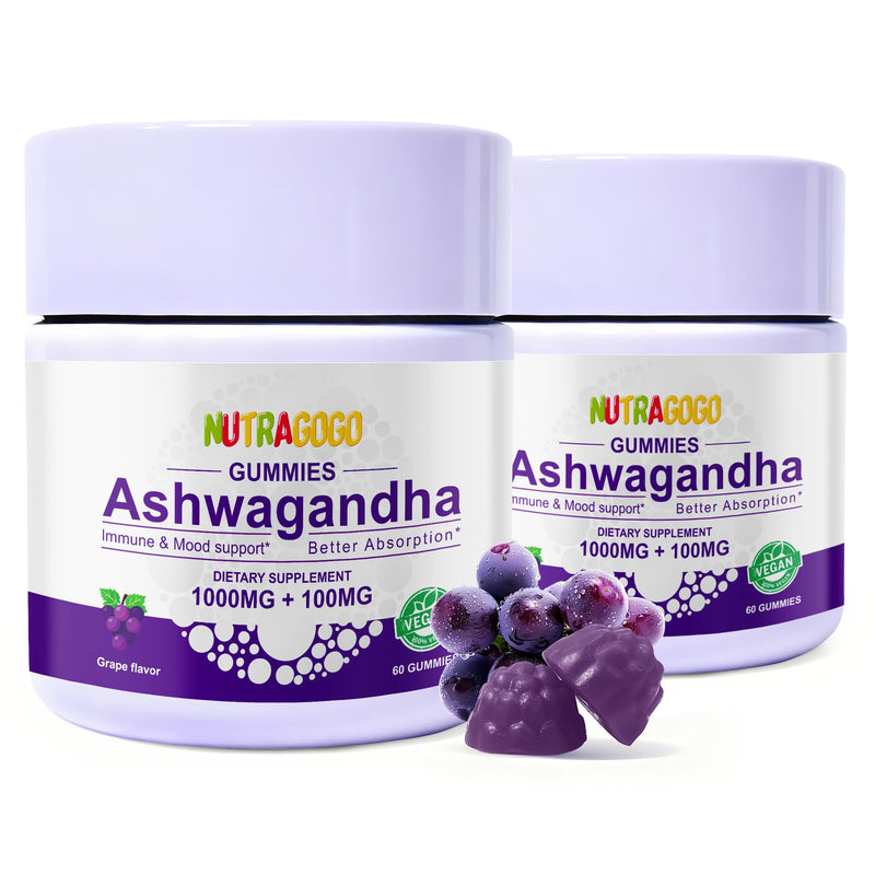 Ashwagandha Gummies & Vitamin D3 Gummies Organic Aswangdha Supplement for Improve Sleep, Stress Relief & Mood Calm (Grape Berry,Non-GMO, Gluten-Free & Sugar Free)-2 Pack 60 Count (Pack of 2) Grape