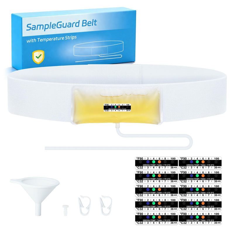 Urine Test Complete Kit – 2 oz to 4 oz Concealed Sample Bag with Adjustable Belt, 43.3” Hi-Stretch and Comfortable Belt, Urine Test Thermometer Stickers and Silicone Funnel White - BeesActive Australia