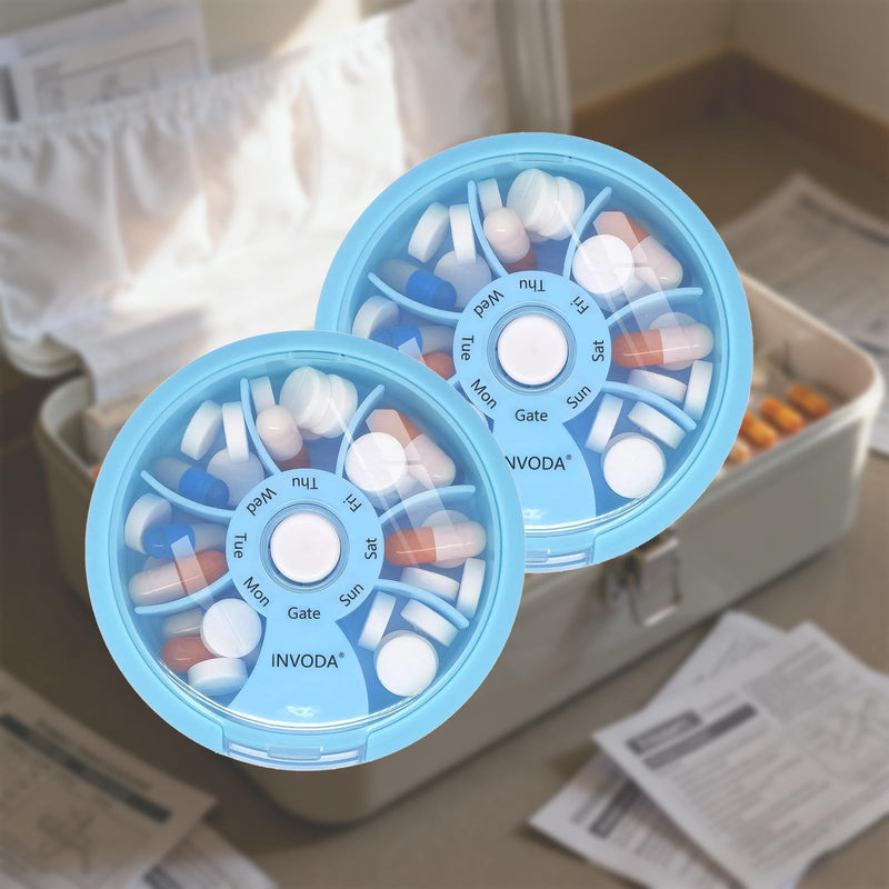 2PCS Portable Mini 7 Day Weekly Circular Shape Rotary Pill Storage Case Box | Small Pill Case Cute Pill Box 1 Time A Day for Pills Medication Supplements Vitamin Blue 2pcs