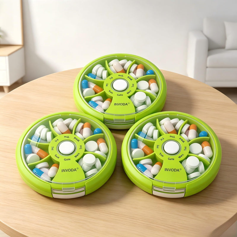 3PCS Weekly Pill Organizer Travel Pill Container Small Portable Pill Case | Cute Round Rotate Pill Dispemser 7 Day Daily Pill Box for Fish Oil Supplements Vitamins, Arthritis Friendly and Portable Green 3pcs
