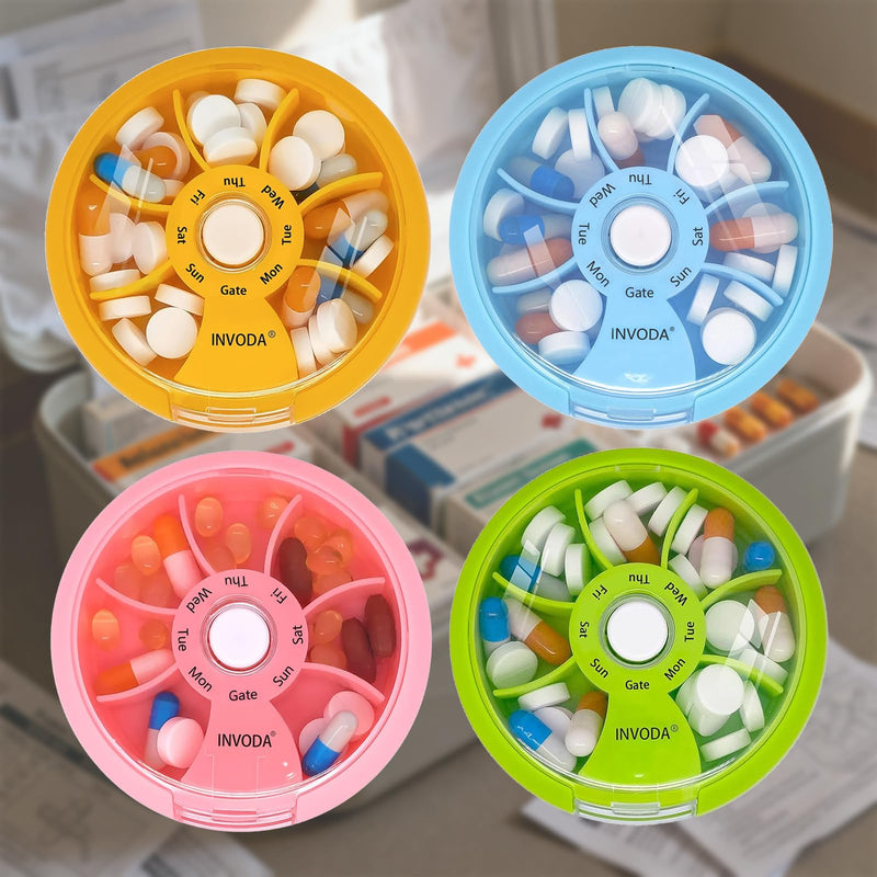 4PCS Portable Mini 7 Day Weekly Circular Shape Rotary Pill Storage Case Box | Small Pill Case Cute Pill Box 1 Time A Day for Pills Medication Supplements Vitamin 4 Colors